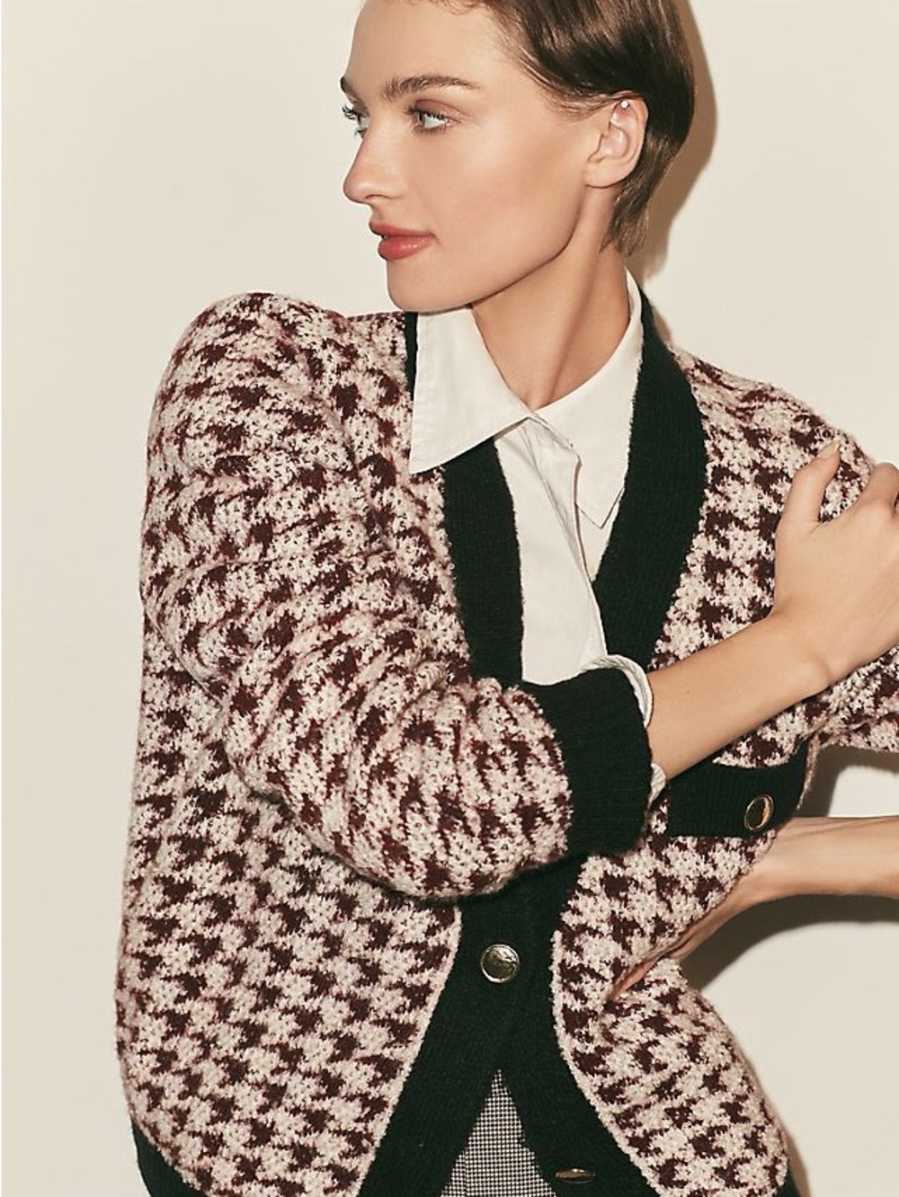 Anthropologie Maeve Houndstooth Knit Cardigan in Burgundy & Cream L